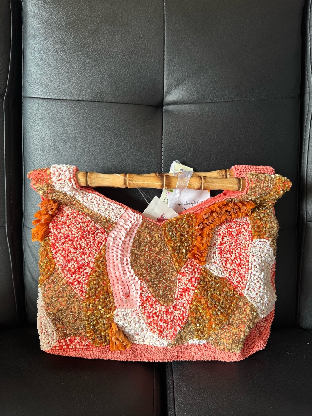 BRAND NEW VIRAL BEADED BAG with Bamboo Handle